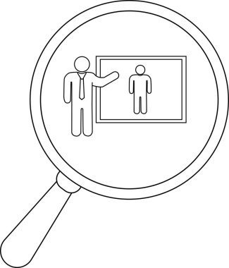 A magnifying glass focuses on a figure presenting a picture of another person