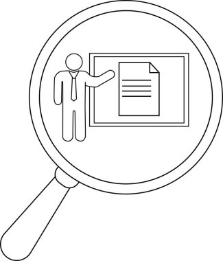 A magnifying glass focuses on a figure presenting a document on a framed board