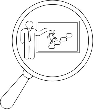 A magnifying glass focuses on a drawing of a person lecturing about climbing steps on a whiteboard