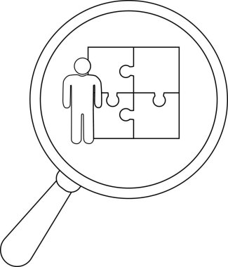 Outline of a magnifying glass showing a person and fourpiece jigsaw puzzle inside