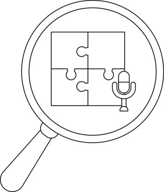 Outline features a magnifying glass focusing on a 4piece puzzle with a microphone icon