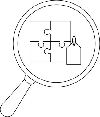 Magnifying glass over four jigsaw pieces and a hanging tag