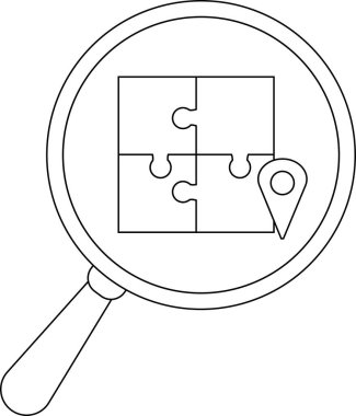 Magnifying glass over a fourpiece puzzle with a location pin icon beside it
