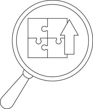 Magnifying glass over 4 jigsaw pieces and up arrow all in black and white simple lines
