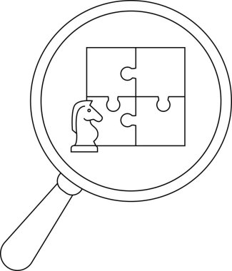 Magnifying glass over a 4piece jigsaw puzzle next to a chess knight piece