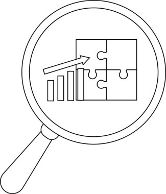Magnifying glass focuses on bar graph and jigsaw puzzle