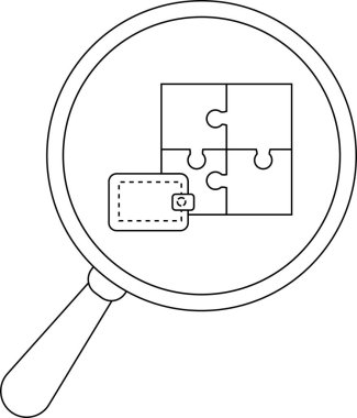 Magnifying glass focuses on a wallet and four jigsaw pieces aligned as a square