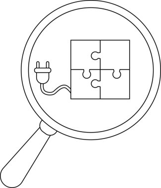 Magnifying glass focused on 4piece jigsaw puzzle attached to a plug
