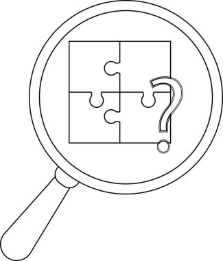 Blackandwhite magnifying glass over a puzzle with a question mark highlighting problemsolving