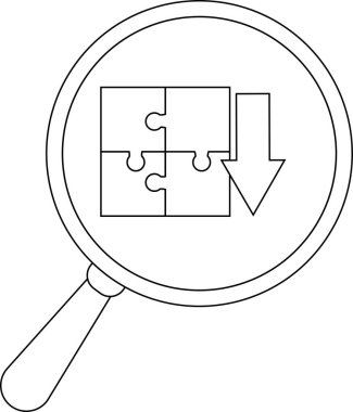 A magnifying glass surrounds a fourpiece puzzle beside which a downwardpointing arrow is positioned