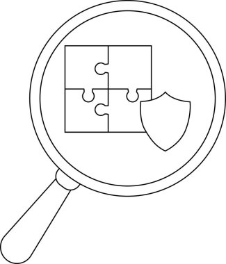 A magnifying glass shows a fourpiece puzzle and a shield
