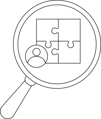 A magnifying glass showing a person icon and a puzzle comprised of four pieces
