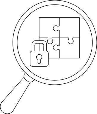 A magnifying glass revealing a fourpiece puzzle and a padlock