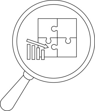 A magnifying glass focuses on a puzzle and bar graph with a downward arrow