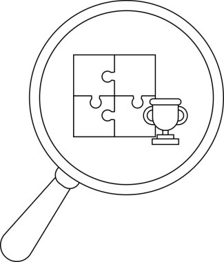A magnifying glass focuses on a 4piece puzzle near a trophy