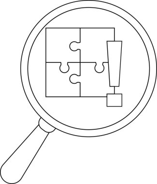 A magnifying glass focuses on a fourpiece jigsaw puzzle with an adjacent exclamation point