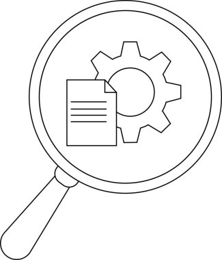A magnifying glass reveals a document with lines and a gear