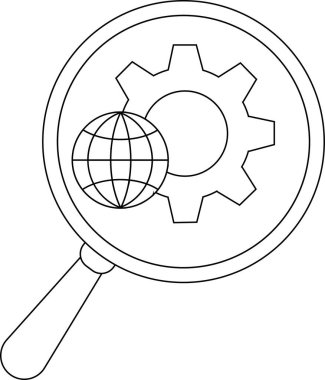 A magnifying glass magnifies a gear and globe focusing on technical globalization