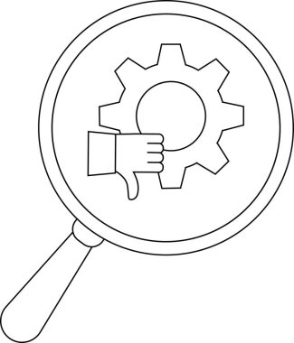 A magnifying glass highlights a thumbsdown hand symbol overlapping a gear