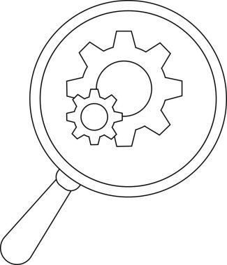 A magnifying glass focuses on two interlocking gears one larger one smaller in a line drawing