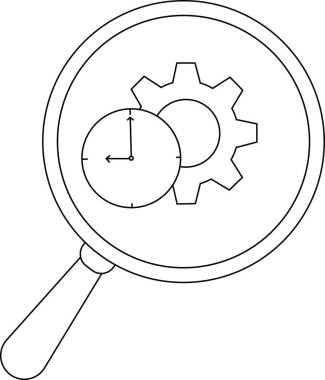 A magnifying glass examines a clock and gear representing time and mechanics