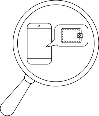 Magnifying glass revealing a phone thinking about a wallet