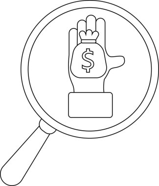 Magnifying glass focuses on a hand holding a money bag with a dollar sign