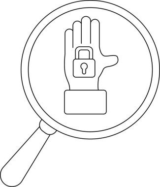 A magnifying glass frames a hand with a padlock on it emphasizing security or surveillance