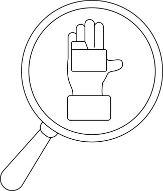 A magnifying glass focuses on a hand with two rectangular objects on the wrist and the back of the hand