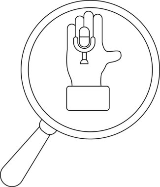 A magnifying glass focuses on a hand holding a microphone