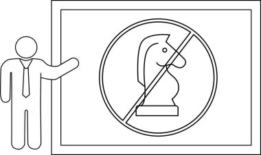 A man in a tie gestures toward a sign indicating No Knight chess piece