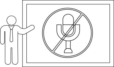 A person points to a screen displaying a no microphone symbol