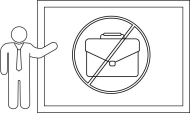 A person points to a sign depicting a briefcase with a no symbol