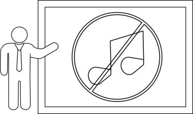 A person presents a framed no music sign depicted by a musical note inside a circle with a diagonal line