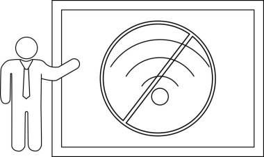 A person presents a board showing a no wifi symbol indicating connectivity restrictions