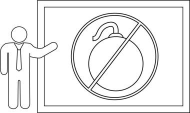 A stick figure pointing at a prohibition sign with a bomb