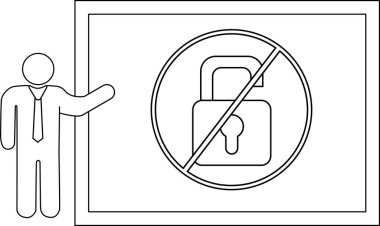 Line drawing person points to sign with a prohibition symbol overlaying an unlocked padlock