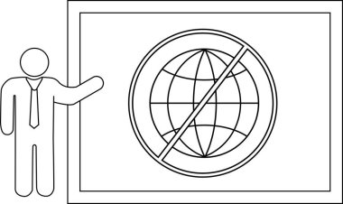 Man presenting a globe symbol with a diagonal line across it on a screen