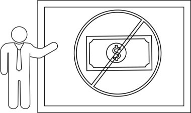 Line drawing figure presents sign showing currency inside a circle with a diagonal line across it symbolizing no money