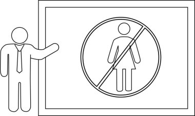Outline drawing man in suit pointing to sign with crossed out female stick figure