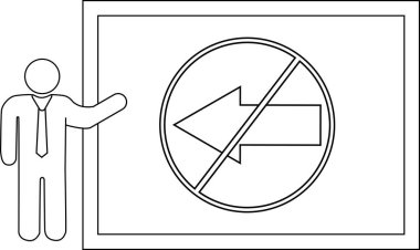 Person presenting no left turn traffic sign on a whiteboard Outline of figure and sign are clearly visible