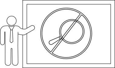 Stick figure presenting no search icon on a whiteboard