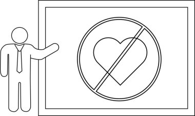 Stick figure presents a no heart symbol on a board