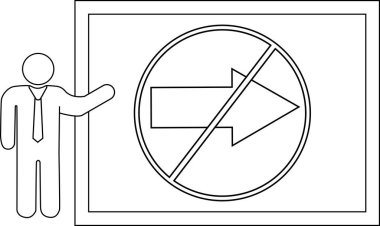 Stick figure points to a sign with a crossedout right arrow inside a circle framed by a rectangle