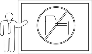 Stick figure presents a board with a no files symbol folder with a line through it