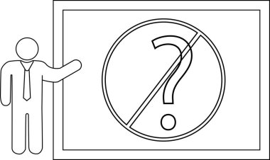 Presentation with a person gesturing towards a no questions symbol on a whiteboard