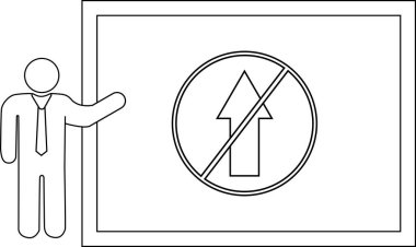 Stickfigure points at board showing upward arrow slashed