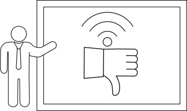Takım elbiseli bir adam, başparmak izi simgesi ve kablosuz ağ sembolü olan bir beyaz tahtayı işaret ediyor.