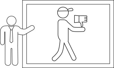 Takım elbiseli biri çerçeveli bir resimde olumsuz bir eleştiriye işaret ediyor.