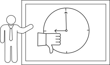 Bir insan saat gösteren bir tahtaya doğru el kol hareketi yapar.